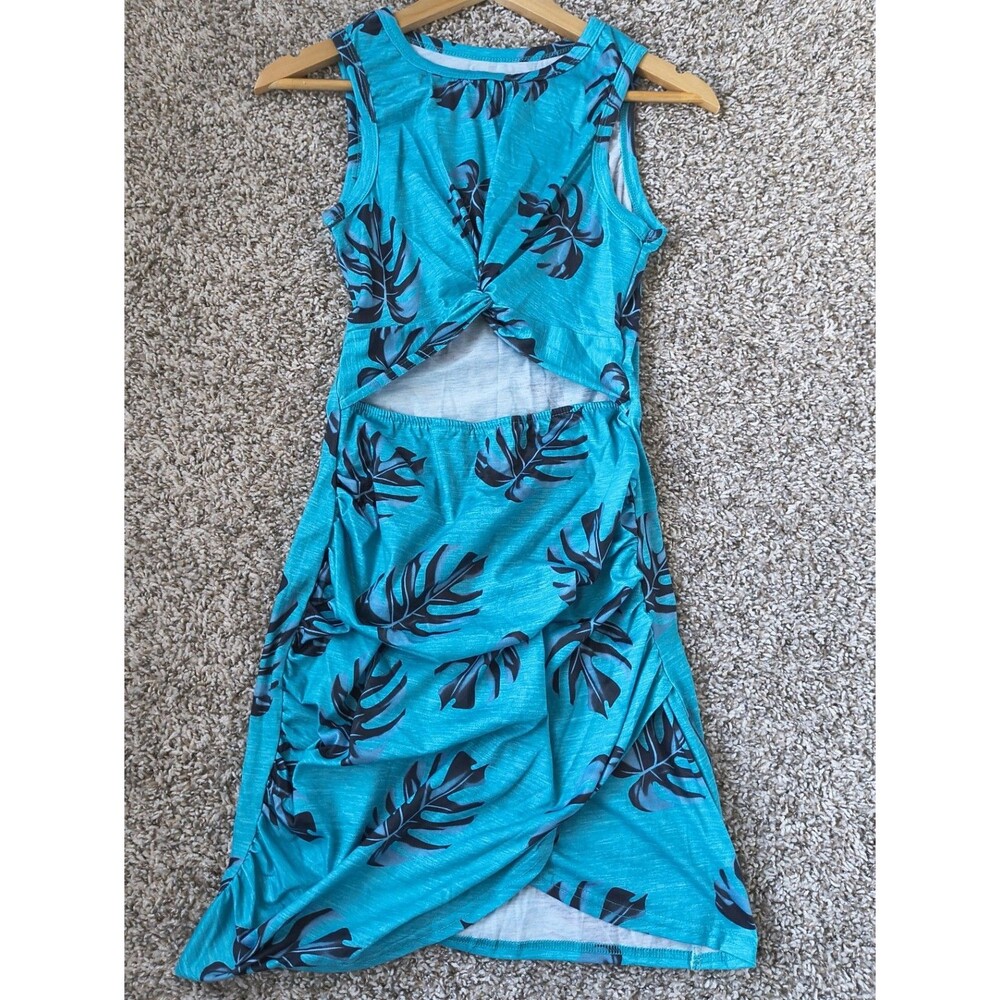 Women's S Turquoise Tropical Leaf Print Twist Front Cut Out Midi Tank Dress